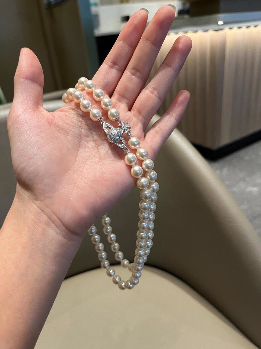 Vivienne Westwood Classic White Pearl Necklace with Diamond Clasp